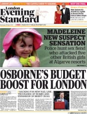 London Evening Standard Newspaper Front Page (UK) for 20 March 2014