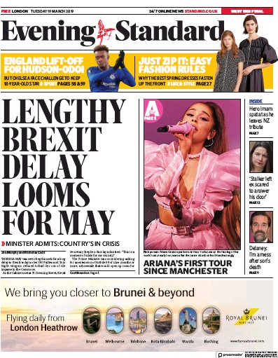 London Evening Standard Newspaper Front Page (UK) for 20 March 2019