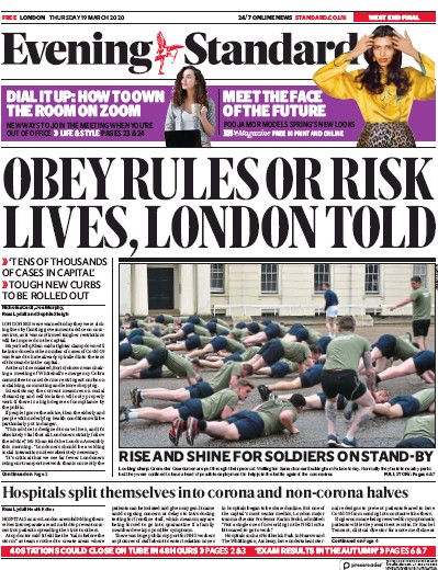 London Evening Standard Newspaper Front Page (UK) for 20 March 2020
