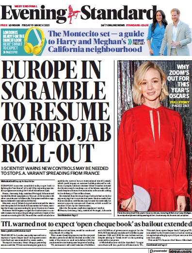 London Evening Standard Newspaper Front Page (UK) for 20 March 2021