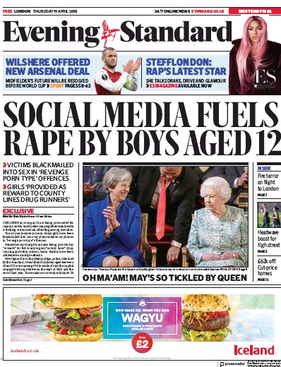 London Evening Standard Newspaper Front Page (UK) for 20 April 2018