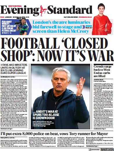 London Evening Standard Newspaper Front Page (UK) for 20 April 2021