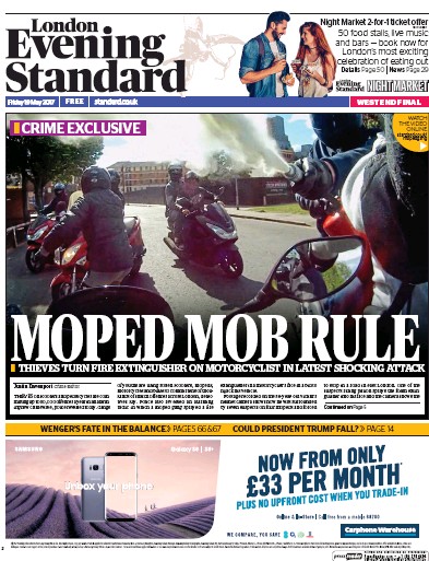 London Evening Standard Newspaper Front Page (UK) for 20 May 2017
