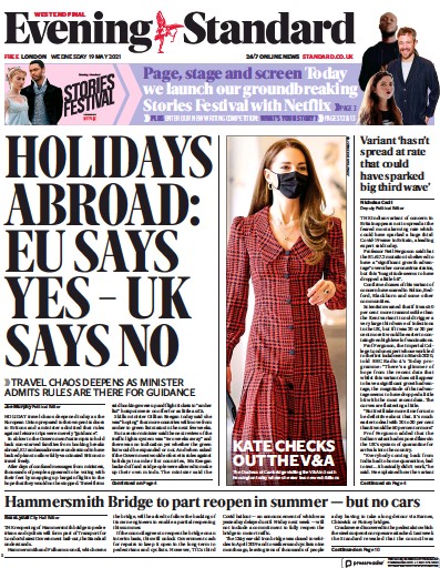 London Evening Standard Newspaper Front Page (UK) for 20 May 2021