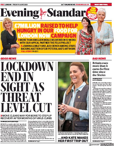 London Evening Standard Newspaper Front Page (UK) for 20 June 2020