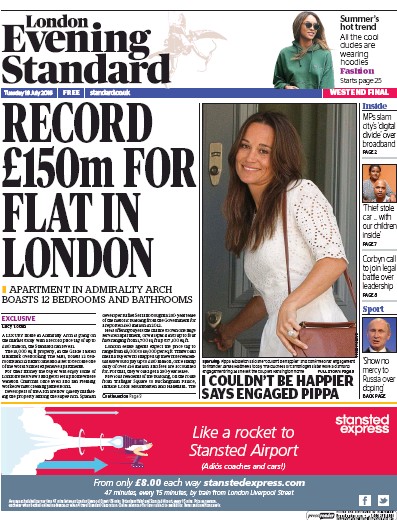 London Evening Standard Newspaper Front Page (UK) for 20 July 2016