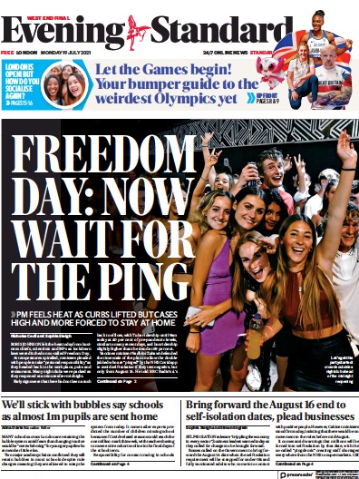 London Evening Standard Newspaper Front Page (UK) for 20 July 2021