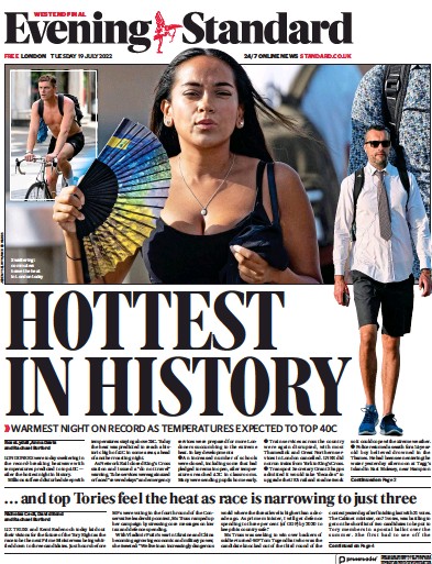 London Evening Standard Newspaper Front Page (UK) for 20 July 2022