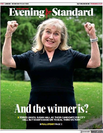 London Evening Standard Newspaper Front Page (UK) for 20 July 2023