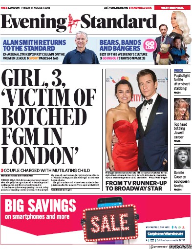 London Evening Standard Newspaper Front Page (UK) for 20 August 2018