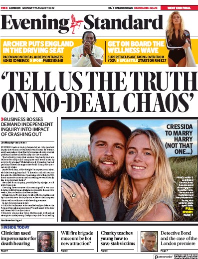 London Evening Standard Newspaper Front Page (UK) for 20 August 2019