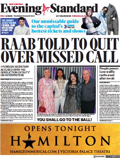 London Evening Standard Newspaper Front Page (UK) for 20 August 2021