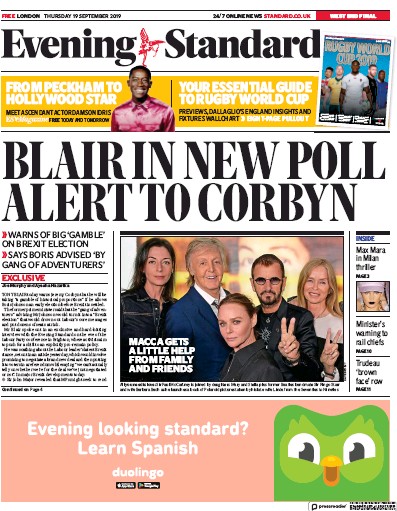 London Evening Standard Newspaper Front Page (UK) for 20 September 2019