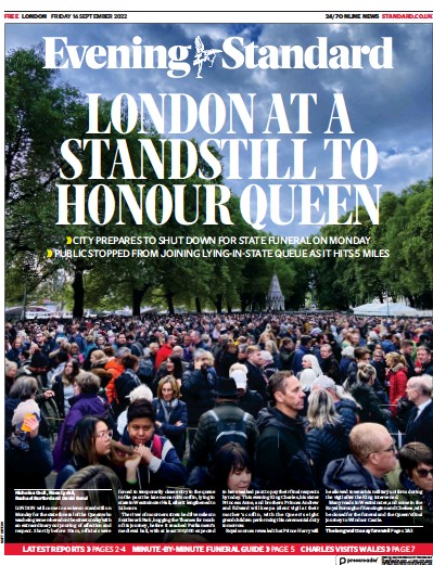 London Evening Standard Newspaper Front Page (UK) for 20 September 2022