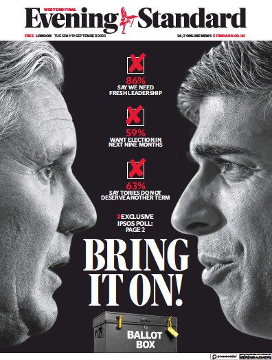 London Evening Standard Newspaper Front Page (UK) for 20 September 2023