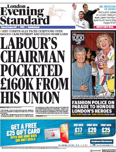 London Evening Standard Newspaper Front Page (UK) for 21 October 2017