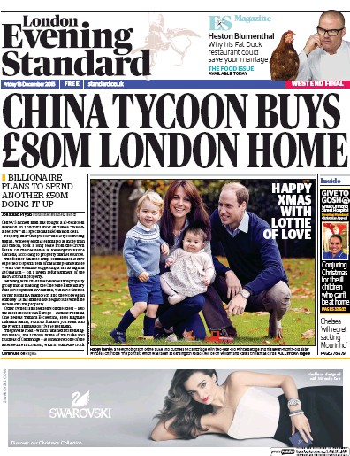 London Evening Standard Newspaper Front Page (UK) for 21 December 2015
