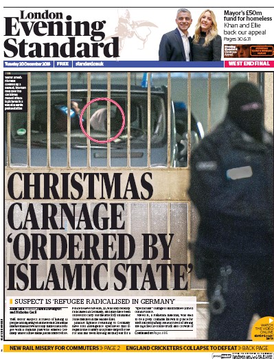 London Evening Standard Newspaper Front Page (UK) for 21 December 2016