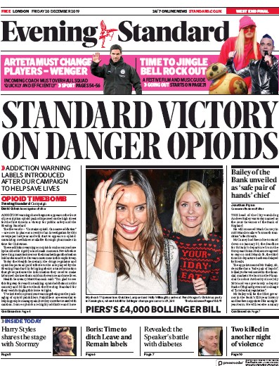 London Evening Standard Newspaper Front Page (UK) for 21 December 2019