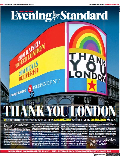 London Evening Standard Newspaper Front Page (UK) for 21 December 2020