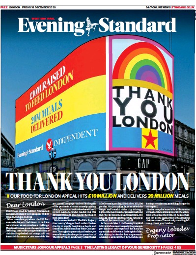 London Evening Standard Newspaper Front Page (UK) for 21 December 2020