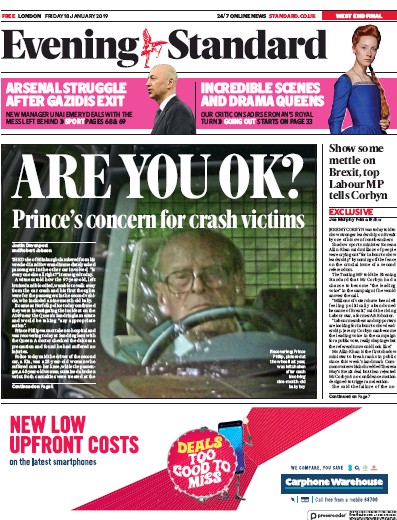 London Evening Standard Newspaper Front Page (UK) for 21 January 2019