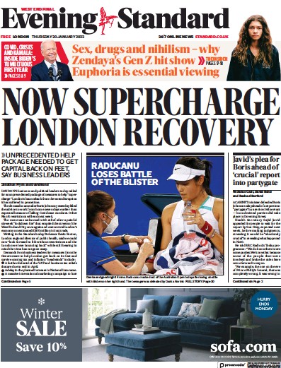 London Evening Standard Newspaper Front Page (UK) for 21 January 2022