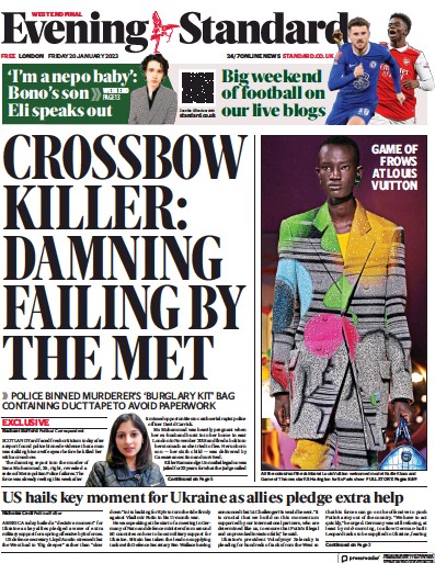 London Evening Standard Newspaper Front Page (UK) for 21 January 2023