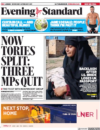 London Evening Standard Newspaper Front Page (UK) for 21 February 2019