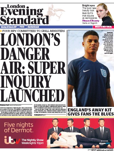 London Evening Standard Newspaper Front Page (UK) for 21 March 2017