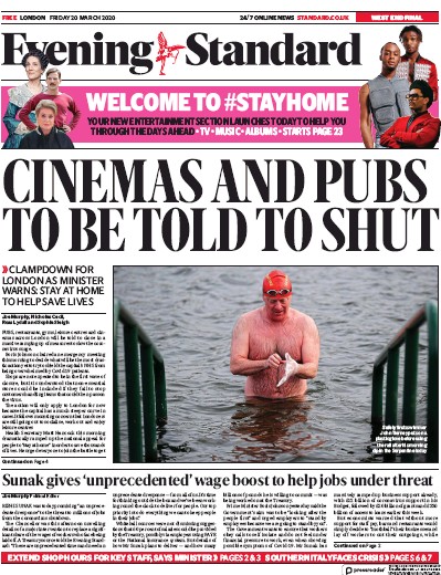 London Evening Standard Newspaper Front Page (UK) for 21 March 2020