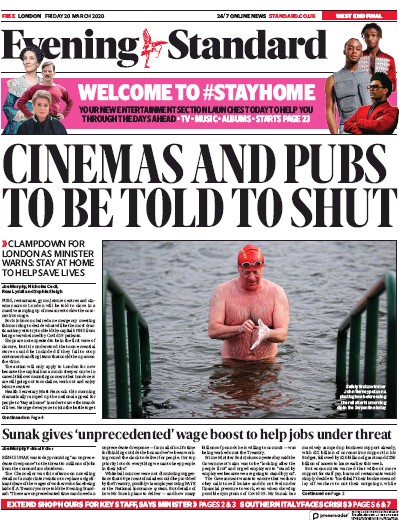 London Evening Standard Newspaper Front Page (UK) for 21 March 2020