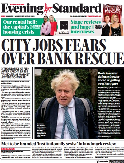 London Evening Standard Newspaper Front Page (UK) for 21 March 2023