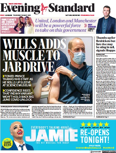 London Evening Standard Newspaper Front Page (UK) for 21 May 2021