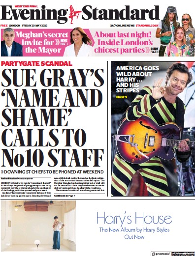 London Evening Standard Newspaper Front Page (UK) for 21 May 2022