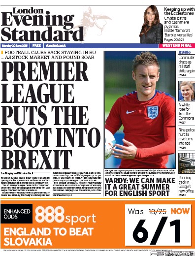 London Evening Standard Newspaper Front Page (UK) for 21 June 2016