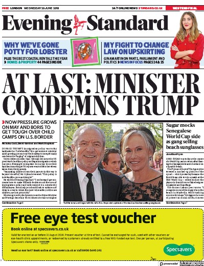 London Evening Standard Newspaper Front Page (UK) for 21 June 2018