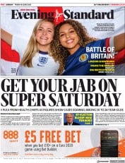 London Evening Standard (UK) Newspaper Front Page for 21 June 2021