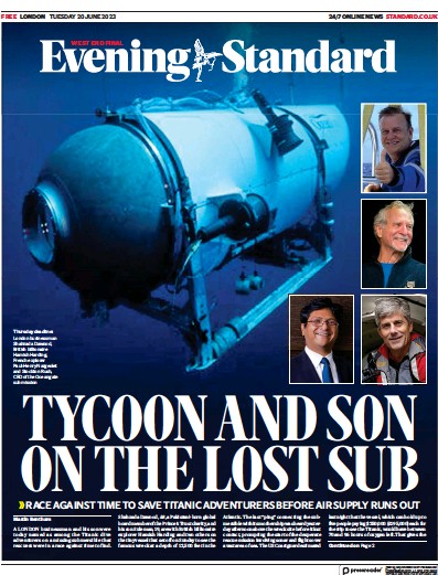 London Evening Standard Newspaper Front Page (UK) for 21 June 2023