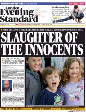 London Evening Standard (UK) Newspaper Front Page for 21 July 2014