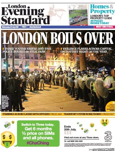 London Evening Standard Newspaper Front Page (UK) for 21 July 2016