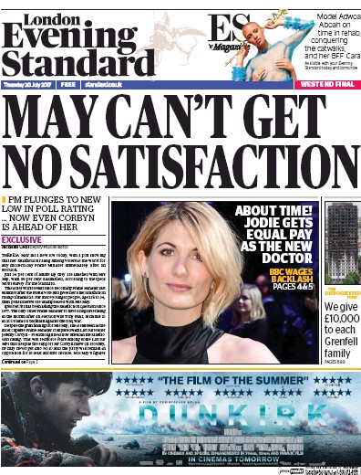 London Evening Standard Newspaper Front Page (UK) for 21 July 2017