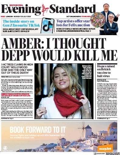 London Evening Standard Newspaper Front Page (UK) for 21 July 2020