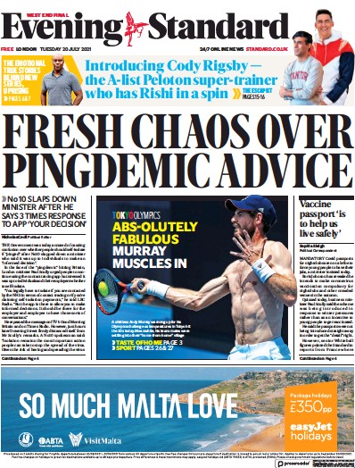 London Evening Standard Newspaper Front Page (UK) for 21 July 2021