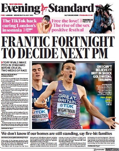 London Evening Standard Newspaper Front Page (UK) for 21 July 2022