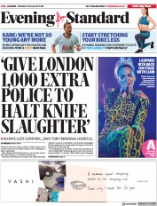 London Evening Standard (UK) Newspaper Front Page for 21 August 2018