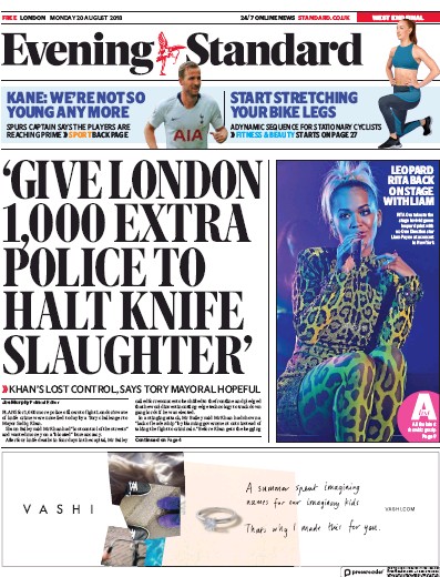 London Evening Standard Newspaper Front Page (UK) for 21 August 2018