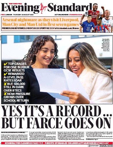 London Evening Standard Newspaper Front Page (UK) for 21 August 2020