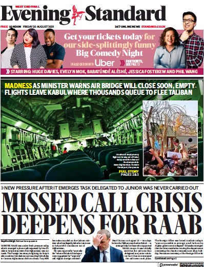 London Evening Standard Newspaper Front Page (UK) for 21 August 2021