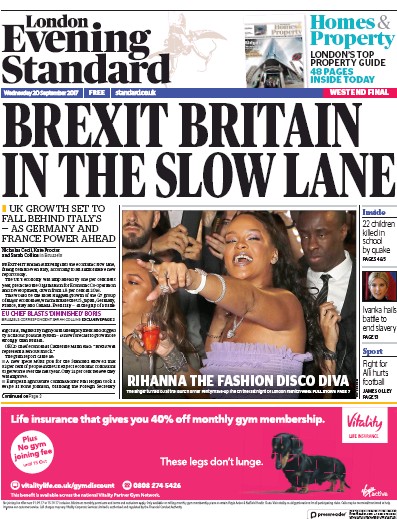 London Evening Standard Newspaper Front Page (UK) for 21 September 2017